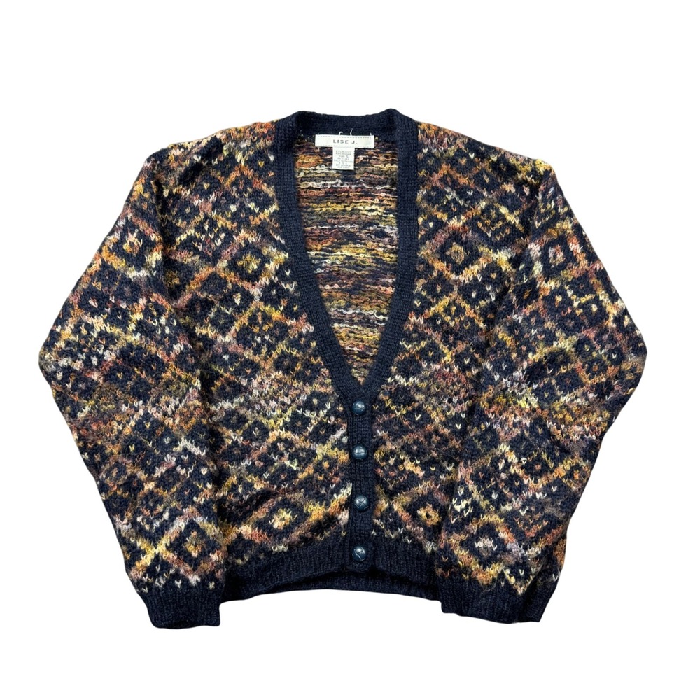 Vintage Lise J Mohair Cardigan Sweater Women Small Button Front V Neck Fuzzy